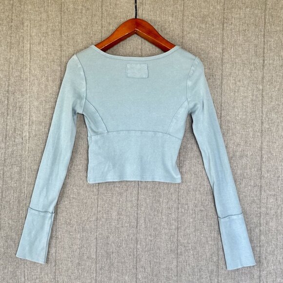 Free People We The Free Lightning Cloudy Blue Long Sleeve Crop T Shirt Size L - Picture 4 of 9